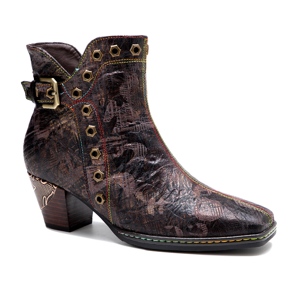Dark textured ankle boots with a block heel and decorative strap
